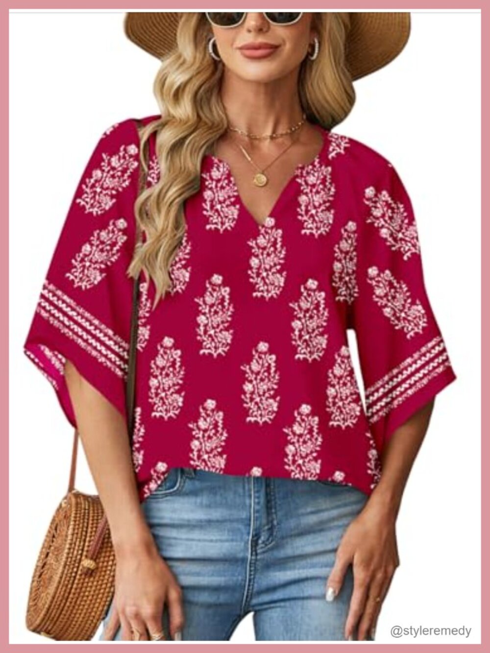 Boho V Neck 3/4 Sleeve Blouse Loose Fit Tunic Top